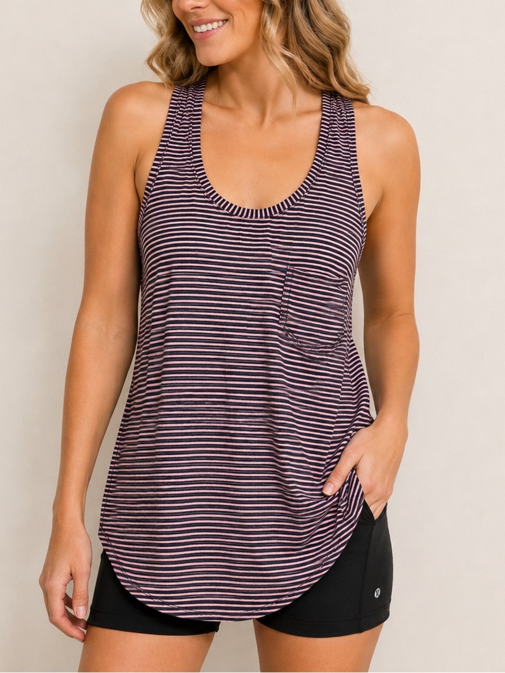 Lululemon Striped Racerback Tank Top Pink Black Open Back High Low Size 4